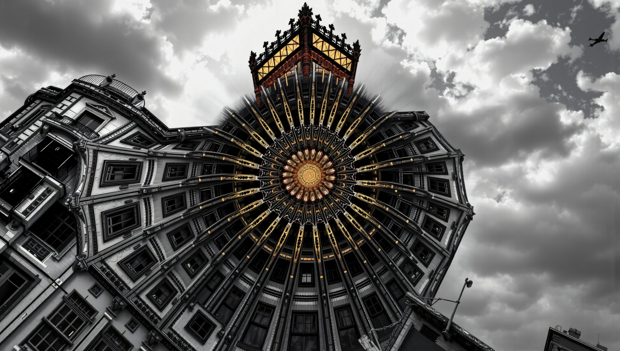 Urban Kaleidoscope Under Clouded Skies