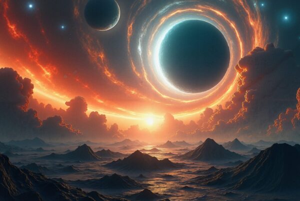 A breathtaking alien landscape with glowing celestial bodies and dramatic clouds.