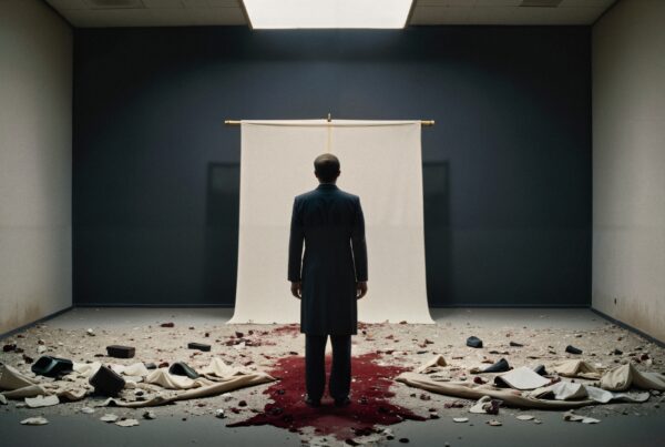 A man in black facing a white curtain in a dimly lit, debris-filled room with red stains on the floor.