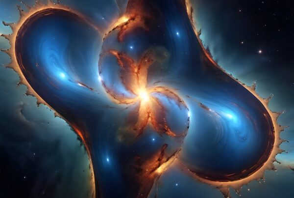 Abstract cosmic scene with swirling blue and fiery hues in a vibrant galaxy-inspired composition.