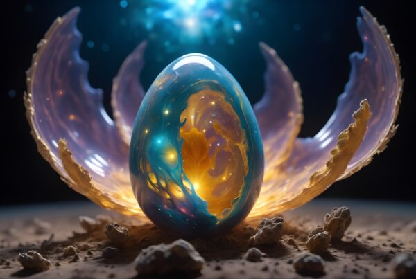 Mystical cosmic egg with glowing celestial wings and starry backdrop.