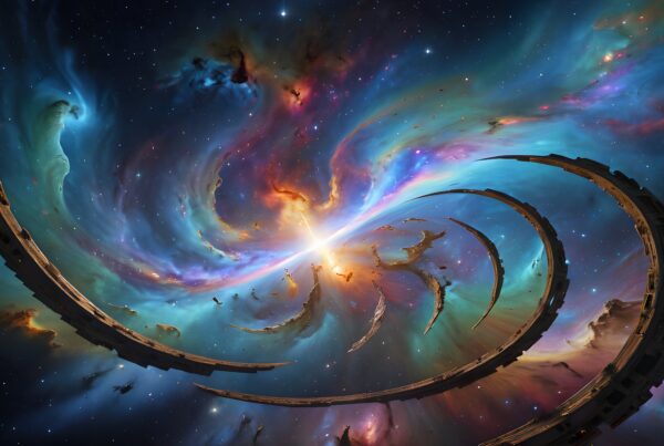 A spiral galaxy in the middle of cosmic space.