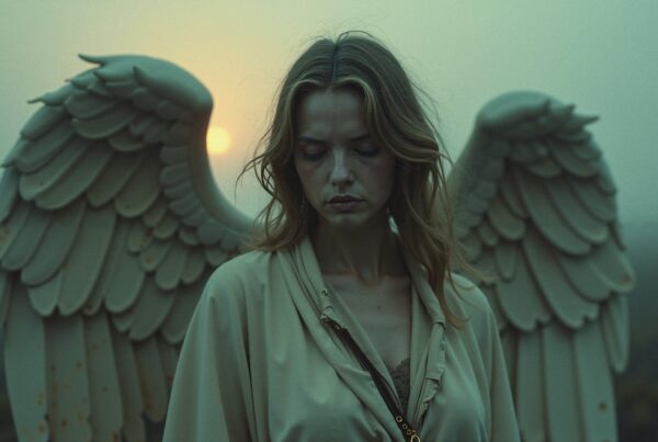 A woman stands with sculptural angel wings in golden sunset light, creating a serene and mystical atmosphere.