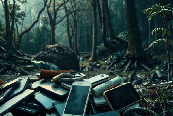 A pile of discarded electronics in a forest highlights environmental impact concerns.