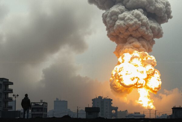 Dramatic urban explosion with person in silhouette.