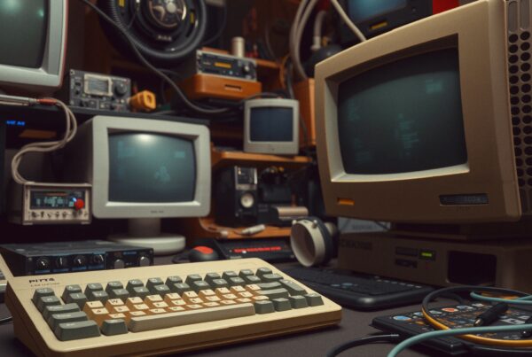 Vintage computer room with retro monitors, electronics, and gadgets.