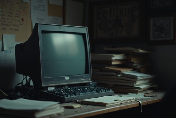 A dusty vintage computer with stacks of papers in an abandoned dimly-lit office.