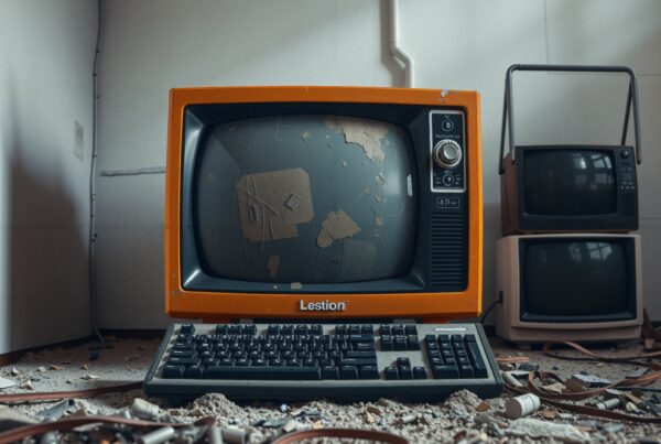 A nostalgic scene of vintage orange television and keyboard amidst dust.
