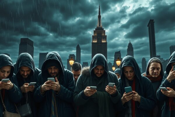 A group of people in hoodies engrossed in smartphones amidst a rainy cityscape with towering skyscrapers and street lamps.