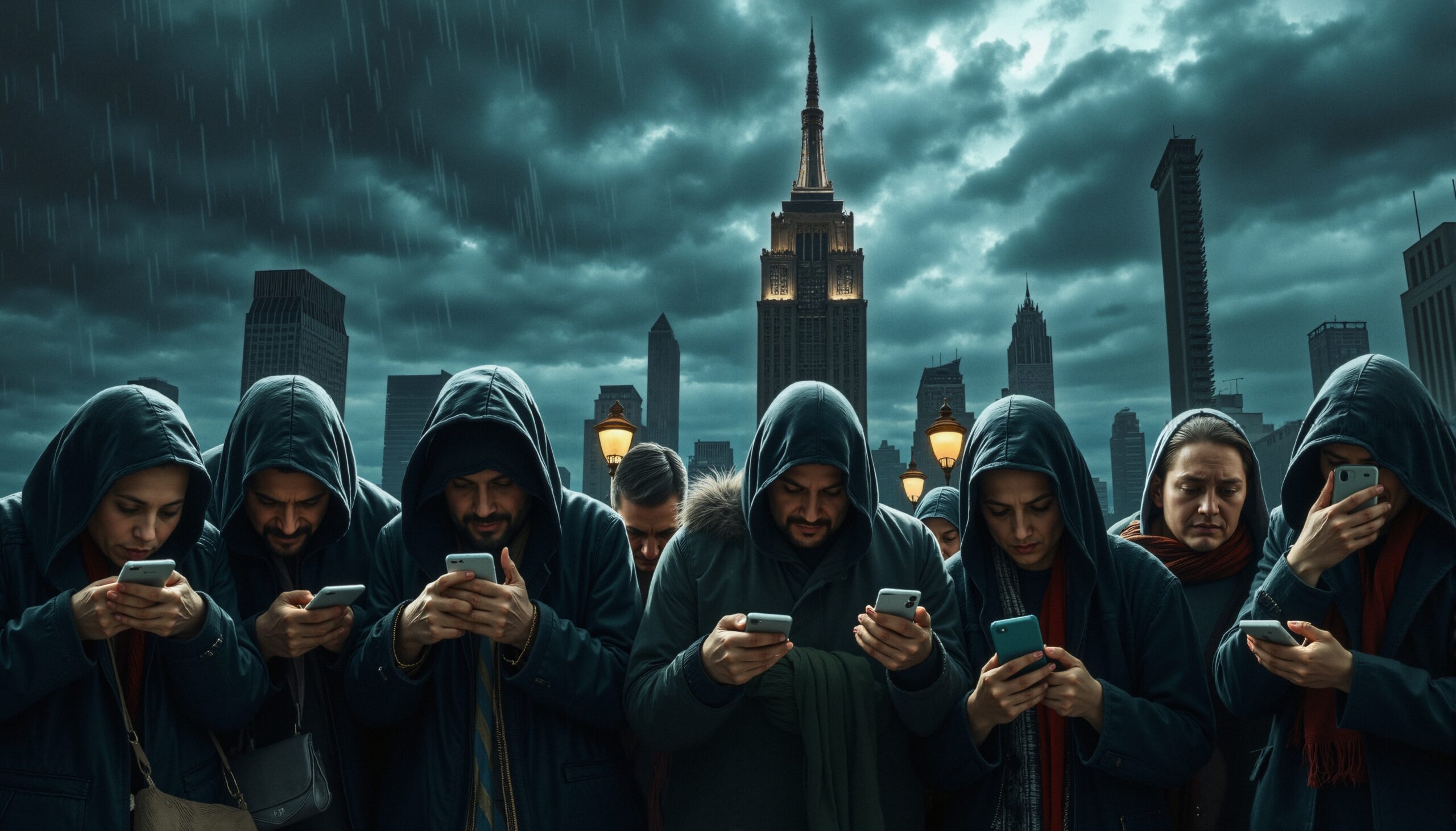 Urban Crowd Absorbed in Screens