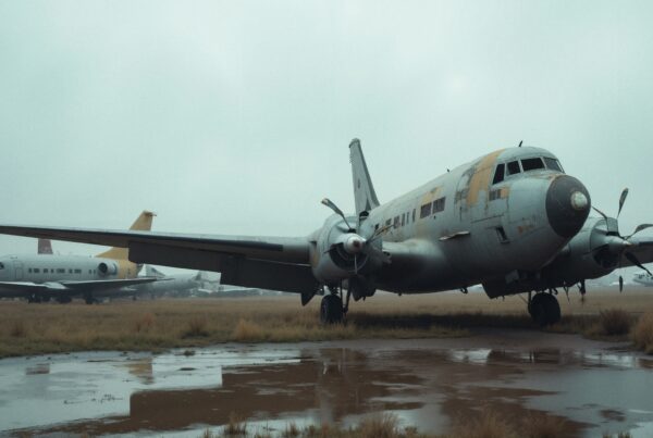 Abandoned aircraft boneyard with airplanes under an overcast sky.