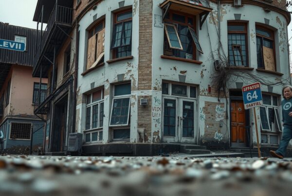 A weathered corner building in an urban setting with peeling paint, graffiti, and people walking by.