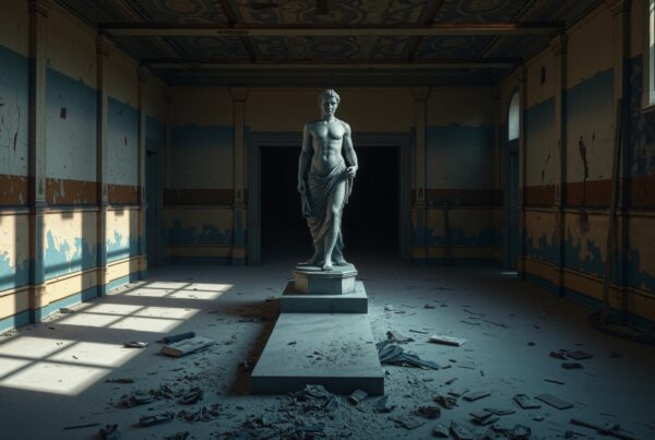 Abandoned room with classical statue and peeling walls.