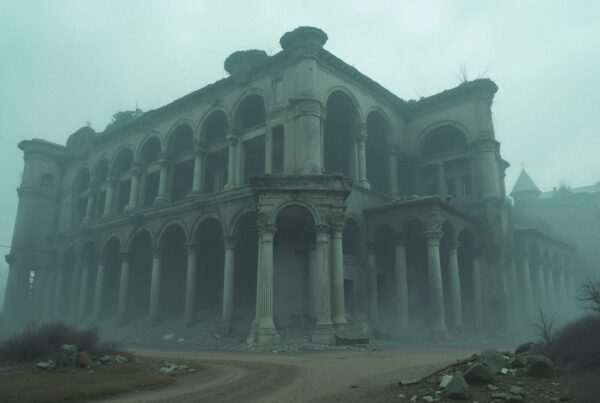 A haunting, misty abandoned building with classical columns.