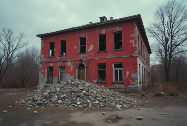 An abandoned red building with peeling paint and rubble at the front on an overcast day surrounded by leafless trees.