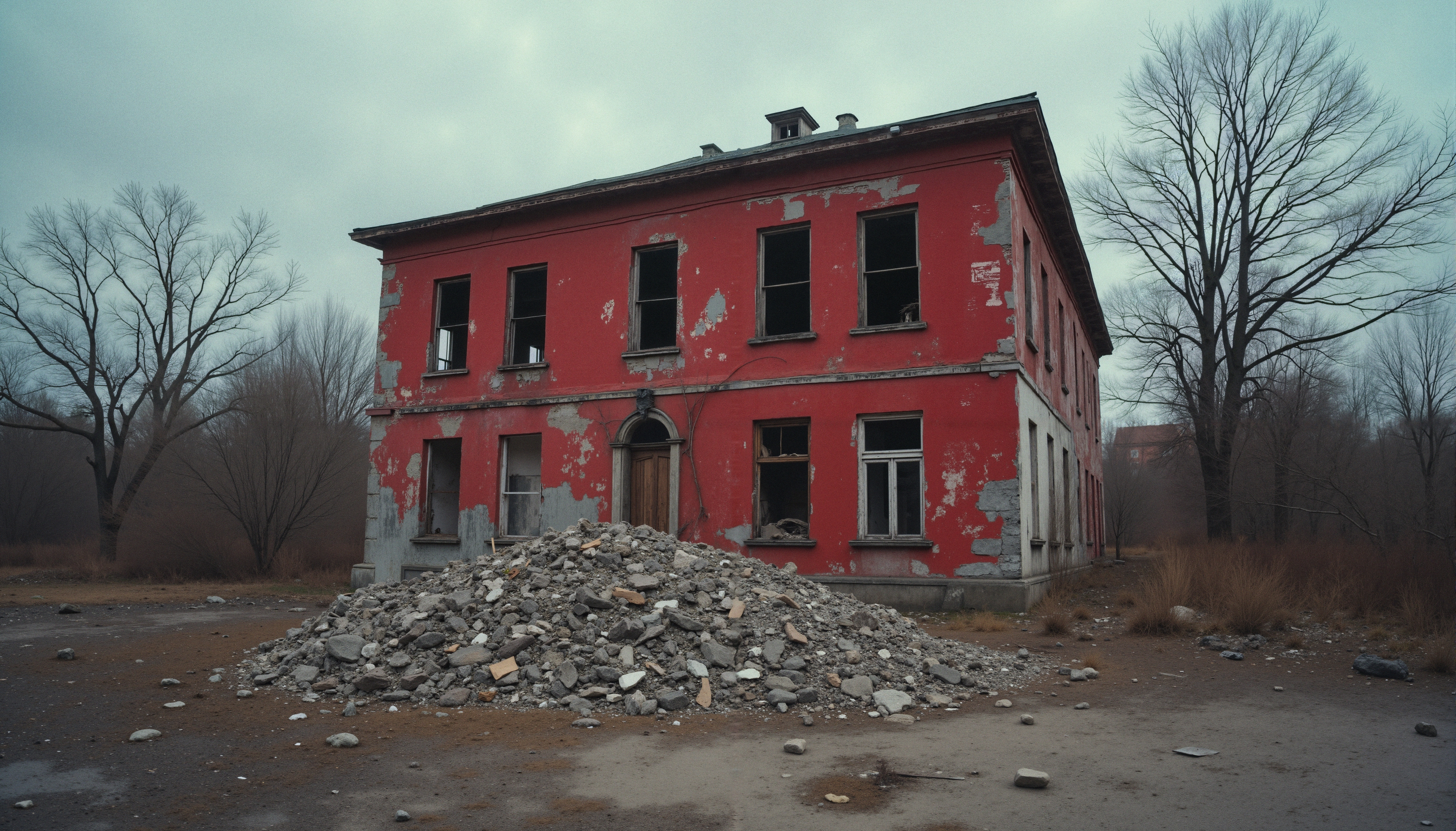Weathered building with rubble heap
