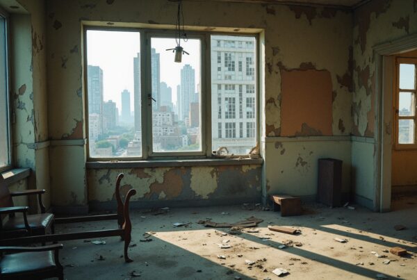 Abandoned room overlooking city skyline.