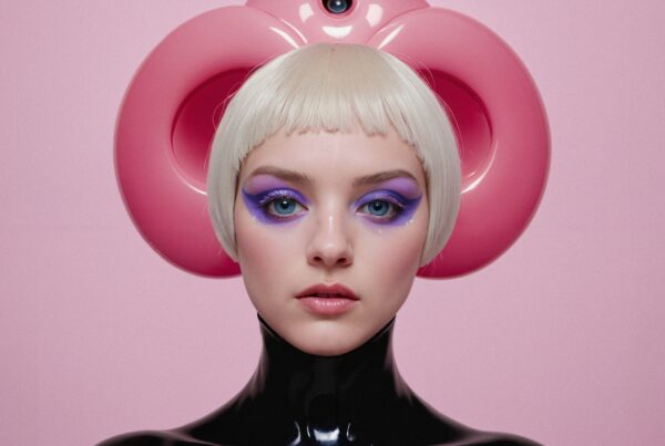 Surreal futuristic portrait with bold makeup and style.