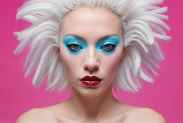 A person with bold makeup, blue eye shadow, and red lips in front of a hot pink background.