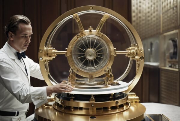 A man operating a gold mechanical device in a refined setting.