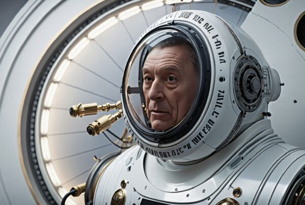 Elderly astronaut in futuristic suit within a spacecraft environment.