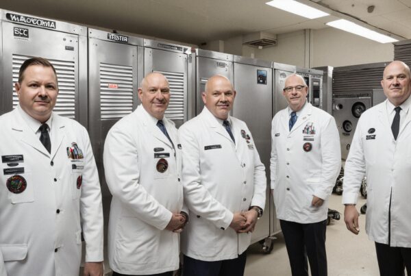 A group of five professionals in white jackets stands confidently in an industrial setting.