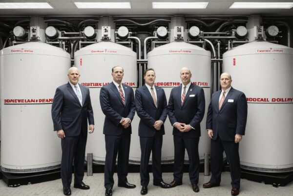 Five business executives in suits standing in front of large industrial tanks in a formal setting.