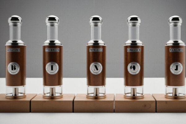Artistic display of five cylindrical objects with wooden bases.