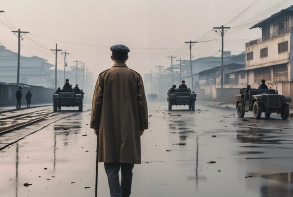 A solitary person in a trench coat walks toward military vehicles on a misty, empty street lined with telephone poles and industrial buildings.