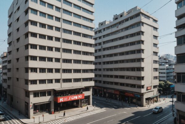 Urban street view with large buildings, cars, and pedestrians in a bustling city intersection on a clear day.