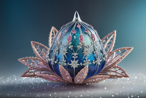 A jeweled egg reminiscent of a Faberge egg.
