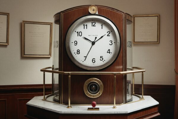 Vintage wooden clock encased in glass with elegant surroundings.