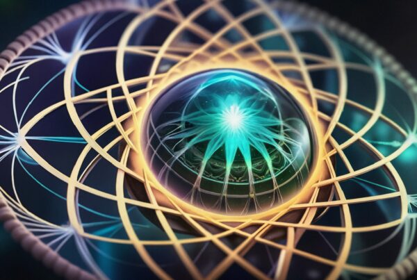 A mesmerizing abstract design featuring a luminous blue sphere surrounded by intricate golden lines in a cosmic pattern.