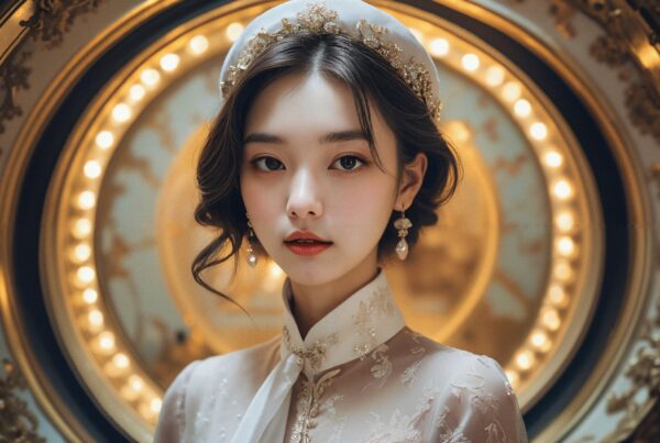 Elegant woman in traditional attire stands against a golden ornate backdrop, exuding grace and sophistication.