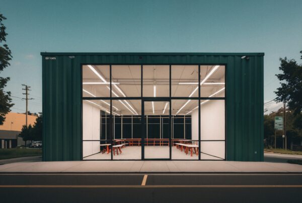 Modern building with glass facade, minimalist design, and urban setting.