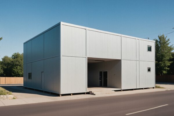 Modern, minimalist building with gray panels.