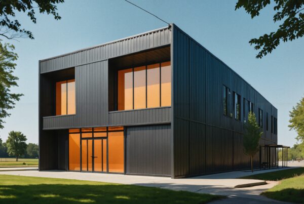 Modern building with orange windows in lush green setting.
