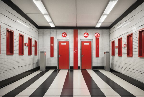 Bright white tiled corridor with central red doors.