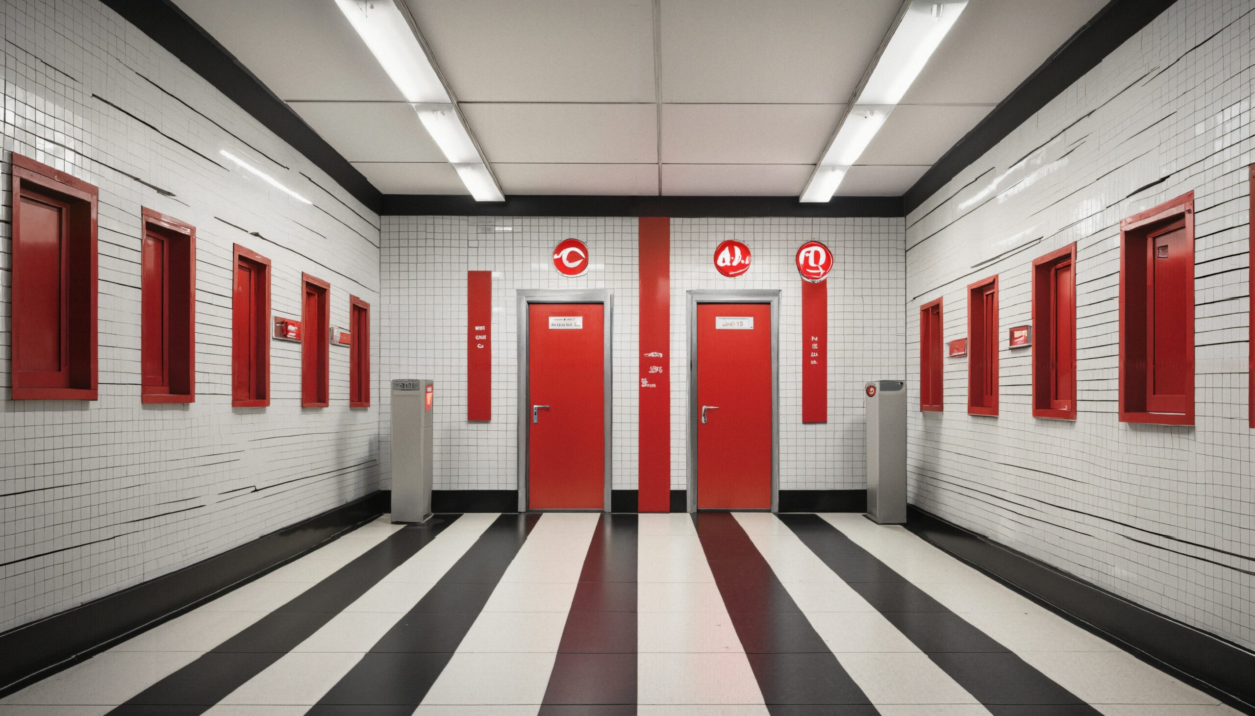 Red Doors in Tiled Corridor