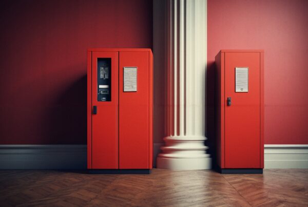 Two red vending machines stand against a classical column with a herringbone floor pattern.