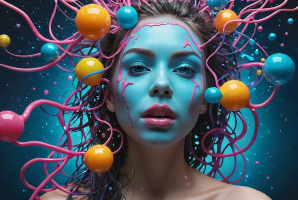 A woman with blue skin, pink tendrils, and colorful spheres creates a surreal, cosmic fantasy scene.