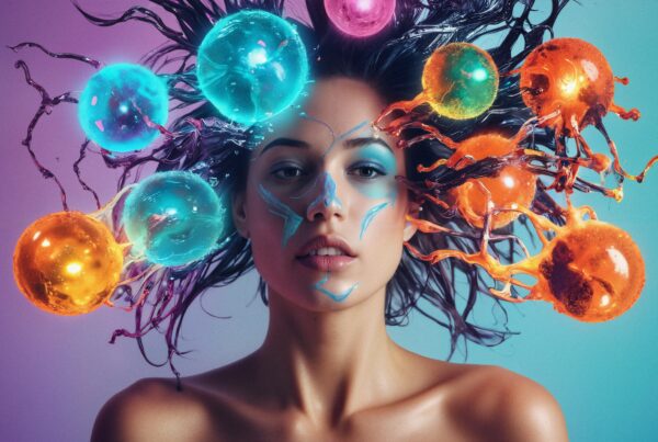A creative portrait of a woman with colorful spheres and cosmic hair.