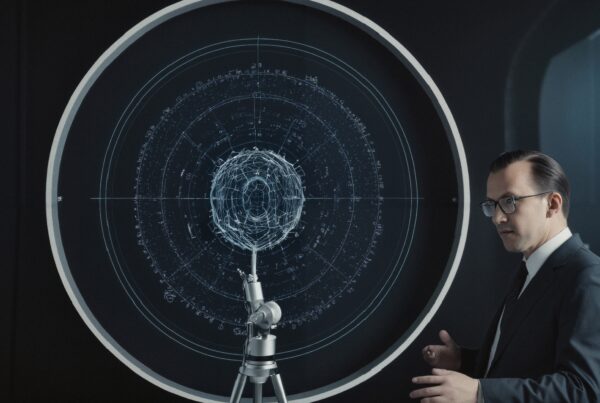 A man in glasses analyzes a large illuminated circular diagram in a modern setting.