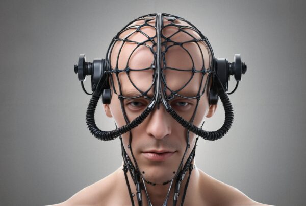 Portrait of a man wearing futuristic cybernetic headgear, featuring intricate black wiring, coiled tubes, and circular interfaces on a gray background.