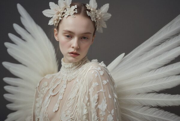 A woman in an ivory lace dress with feathered wings and headdress, embodying ethereal elegance.