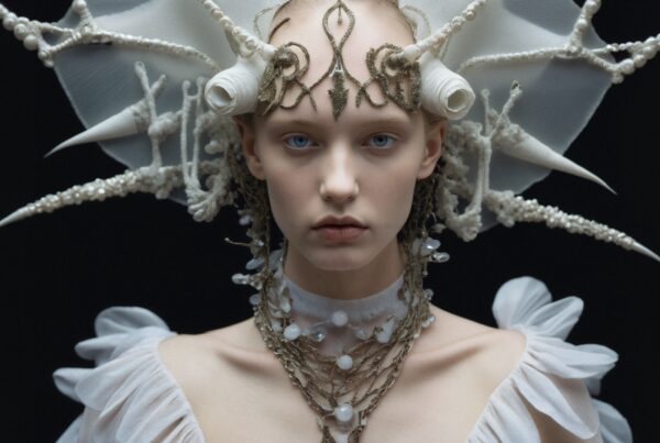 An ethereal person wearing an intricate headpiece with horns, pearls, and a detailed attire in front of a black background.