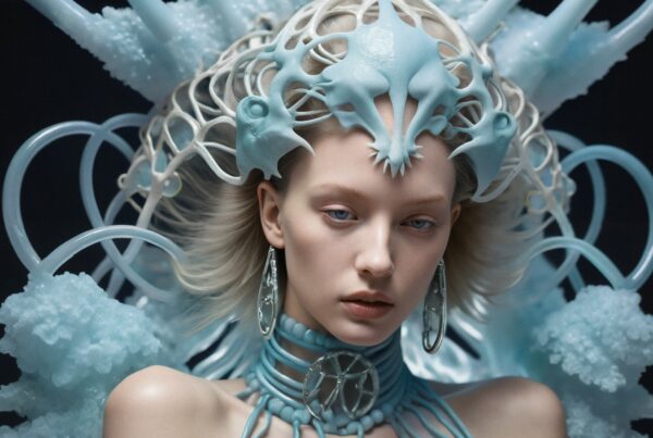 A person in an elaborate blue futuristic headdress with organic designs, set against a dark background.