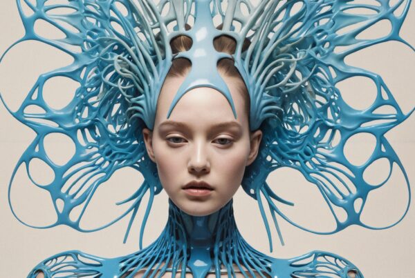 A woman wears a blue, intricate futuristic headpiece extending like wings.