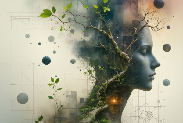 Surreal artwork of human and nature fusion.