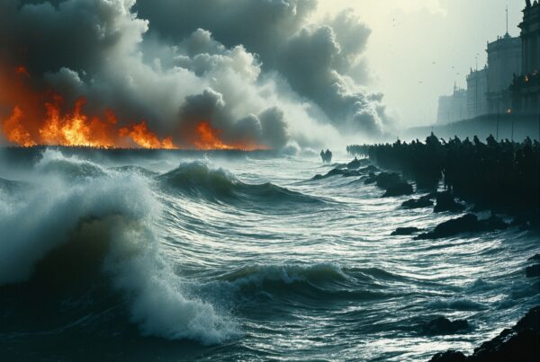 Dramatic scene of ocean waves crashing against rocky shore with raging fire and billowing smoke in the background.